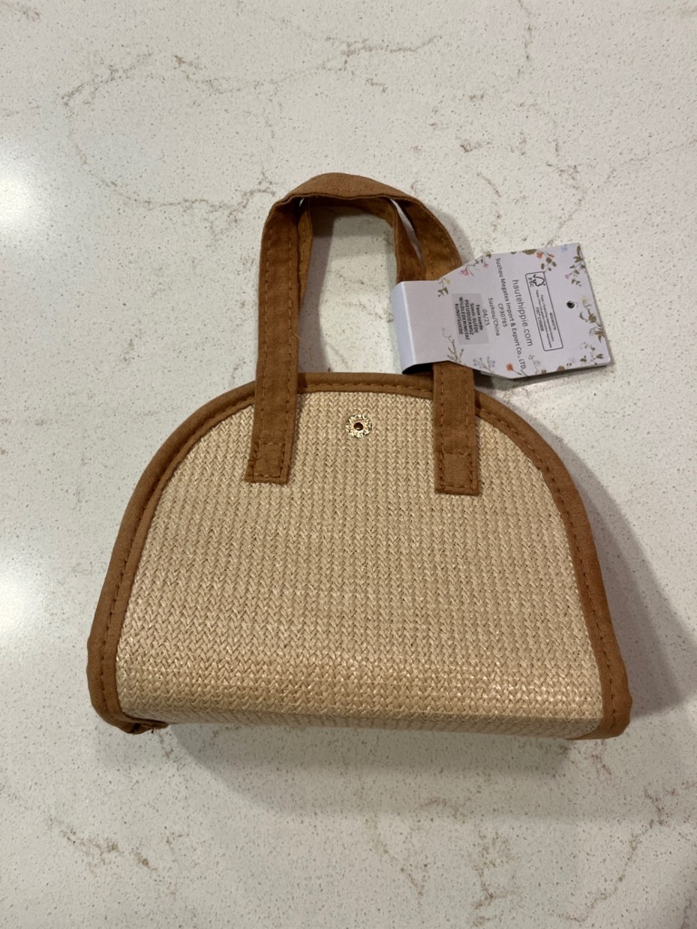 Haute Hippie Straw Mini Tote with Tan Trim and Blue Pink Tassel - Picture 3 of 7